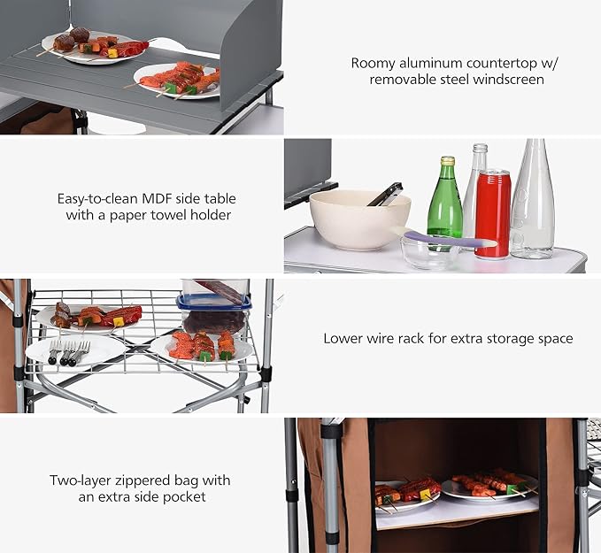 HAPPYGRILL Folding Grill Table Outdoor Camping Kitchen Table with Carry Bag Portable Aluminum Camp Cook Station for BBQ Picnic