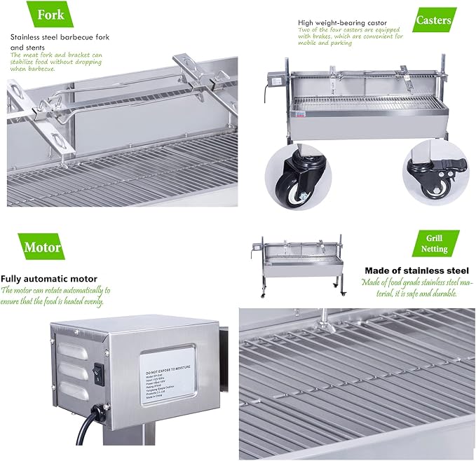 35 Inch BBQ Rotisserie Grill Roaster Stainless Steel Barbecue Charcoal Grill with Back Cover Automatic Rotary Pig Lamb Spit Kit 15W 110V