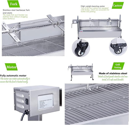 35 Inch BBQ Rotisserie Grill Roaster Stainless Steel Barbecue Charcoal Grill with Back Cover Automatic Rotary Pig Lamb Spit Kit 15W 110V