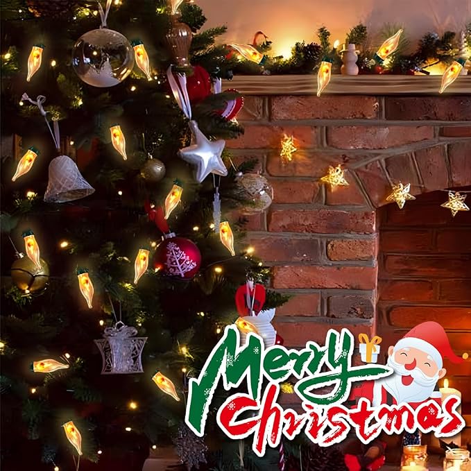 Halloween Lights 27.8 FT Flickering Flame String Lights with 25 Flame Light Bulbs Twinkle C18 E12 Base Indoor Outdoor Fireplace Tree for Halloween Decorations-Black Wire