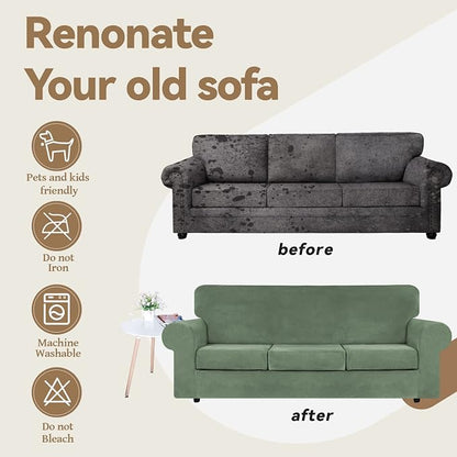 WEERRW 4 Pieces Couch Cover for Sofa Velvet Slipcovers, Greyish Green | Washable Sofa Covers for 3 Cushion Couch Furniture Protector Sofa Slipcover with Non Slip Elastic Bottom, Pet Friendly, Large