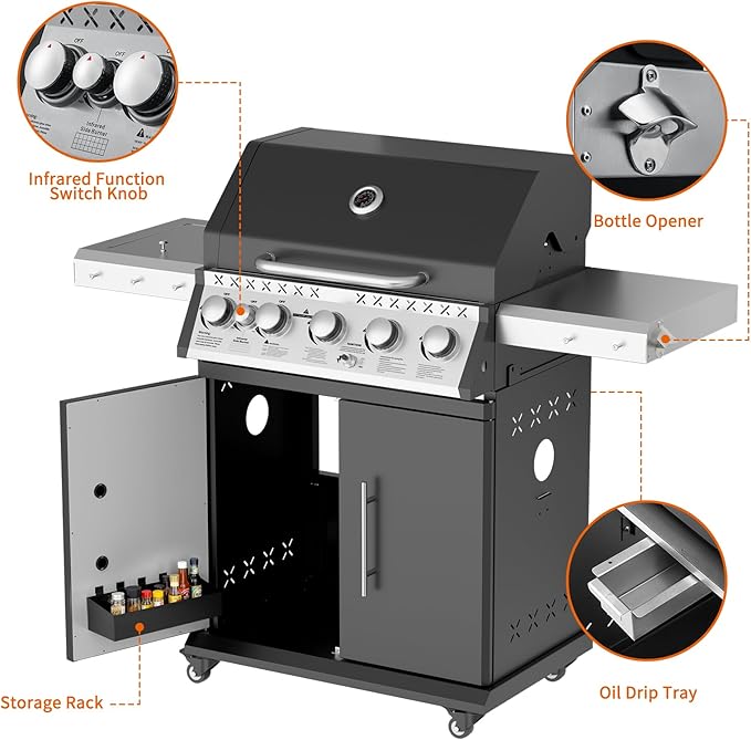 SKOK 5 Burner BBQ Grill with Infrared Side and Rear Burners,Gas Grill with Cast Iron Grates,Outdoor Barbecue Grill 72,000 BTU Output