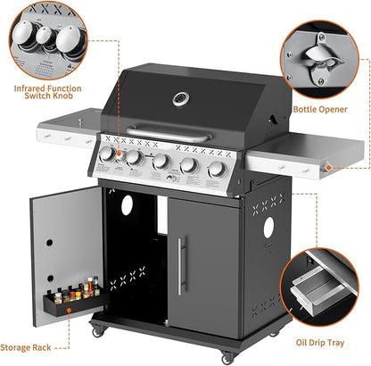 SKOK 5 Burner BBQ Grill with Infrared Side and Rear Burners,Gas Grill with Cast Iron Grates,Outdoor Barbecue Grill 72,000 BTU Output