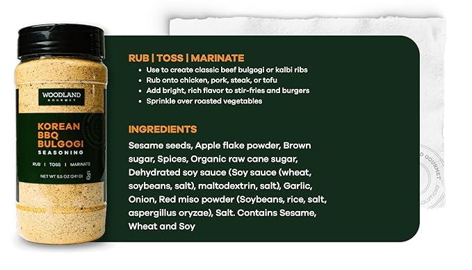 Korean BBQ Bulgogi Seasoning, 8.5 oz – Sweet & Savory Soy, Garlic, Sesame & Brown Sugar Blend for Beef, Chicken & Stir Fry – Korean Marinade Spice by Woodland Gourmet