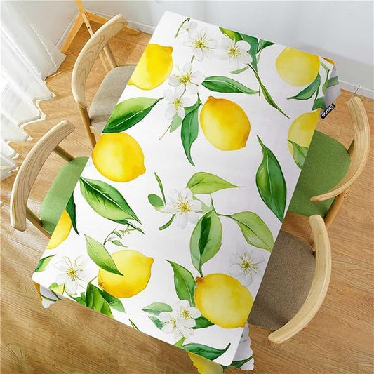 Swono Lemon Table Cloth Rectangle Tables Fruits Lemon Leaves Floral Kitchen Table Cover Oblong 52"X70" Tablecloth for Dining Table Buffet Parties Patio and Camping, Yellow Green