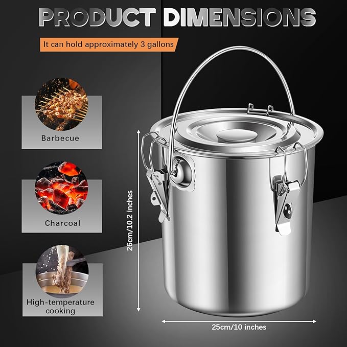 3 Gallon Stainless Steel Charcoal Saver ash Bucket with Grill and Lockable Lid, Fire Bucket for Collecting Hot Charcoal and Ashes, for Fireplaces, Fire Pits, Hearths, Indoors Outdoors