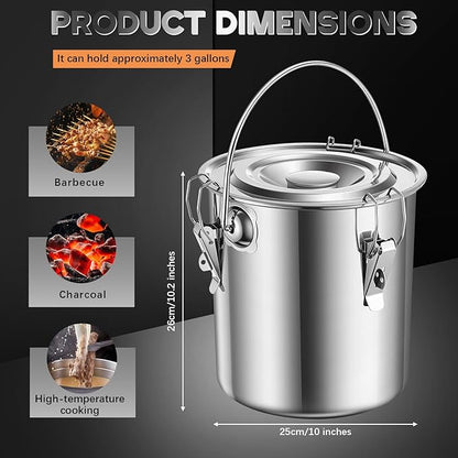 3 Gallon Stainless Steel Charcoal Saver ash Bucket with Grill and Lockable Lid, Fire Bucket for Collecting Hot Charcoal and Ashes, for Fireplaces, Fire Pits, Hearths, Indoors Outdoors