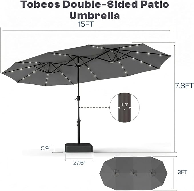 15ft Large Patio Umbrella with Solar Lights and Base, Double-Sided Outdoor Rectangle Umbrella with 48 LED Lights, Market Table Umbrellas with UV Resistant Canopy
