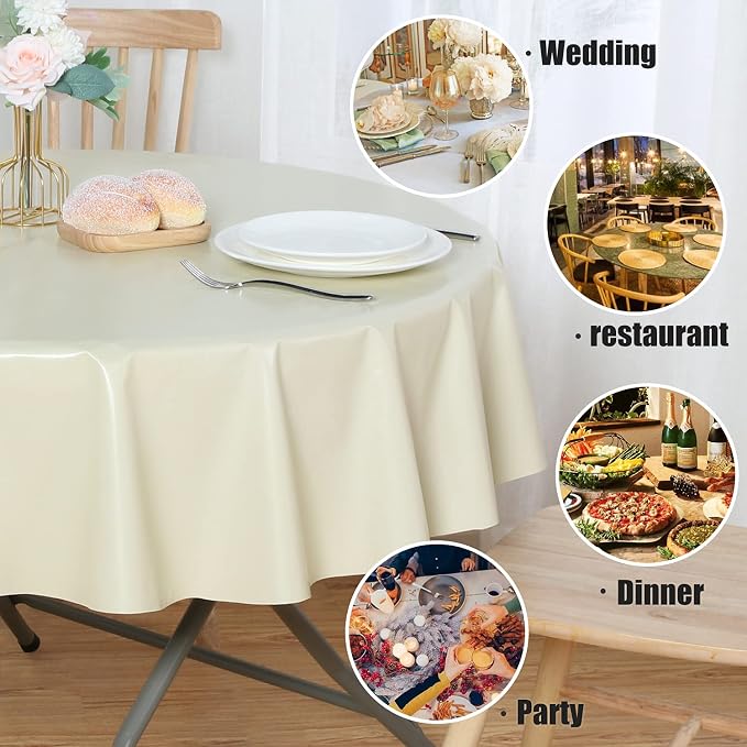 sancua 100% Waterproof Vinyl Tablecloth Table Cloth 60 Inch Round, Beige | Oil Spill Proof, PVC Material, Wipe Clean Table Cover for Dining Tables, Buffet Parties and Camping