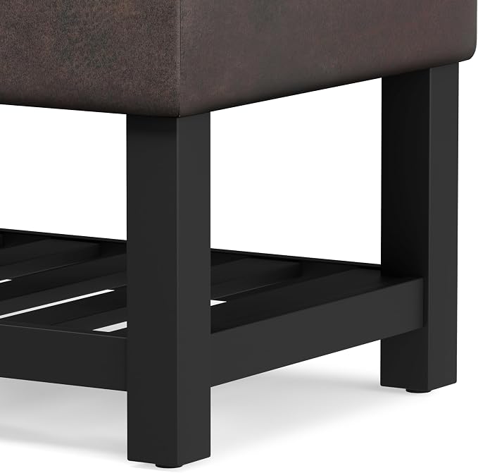 SIMPLIHOME Cosmopolitan Storage Ottoman Bench - 44 inch Wide Upholstered Vegan Leather Rectangle Storage Ottoman in Distressed Brown, Transitional Bench for Bedroom with Tufted Lift-Top and Open Shelf