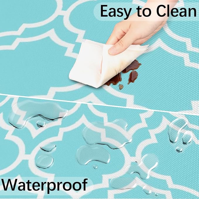 Fitted Round Tablecloth with Umbrella Hole and Zipper Aqua Blue Moroccan Outdoor Elastic Table Cloth 45"-56" Oil-Proof Waterproof Patio Table Cover for Dining Picnic Party