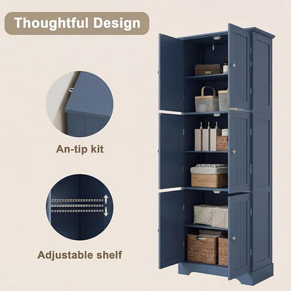 ChooChoo 63.2" Tall Bathroom Storage Cabinet with 6 Doors | Freestanding Floor Cabinet, Adjustable Shelves, Pantry Cabinet for Bathroom, Kitchen, Laundry Room, Blue