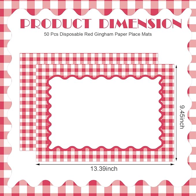 Eaasty 50 Pcs Disposable Red Gingham Paper Placemats Summer Checkered Picnic BBQ Paper Table Place Mat Double Sided for Baby Showers Wedding Birthday Tea Parties Dinner Table Decorations