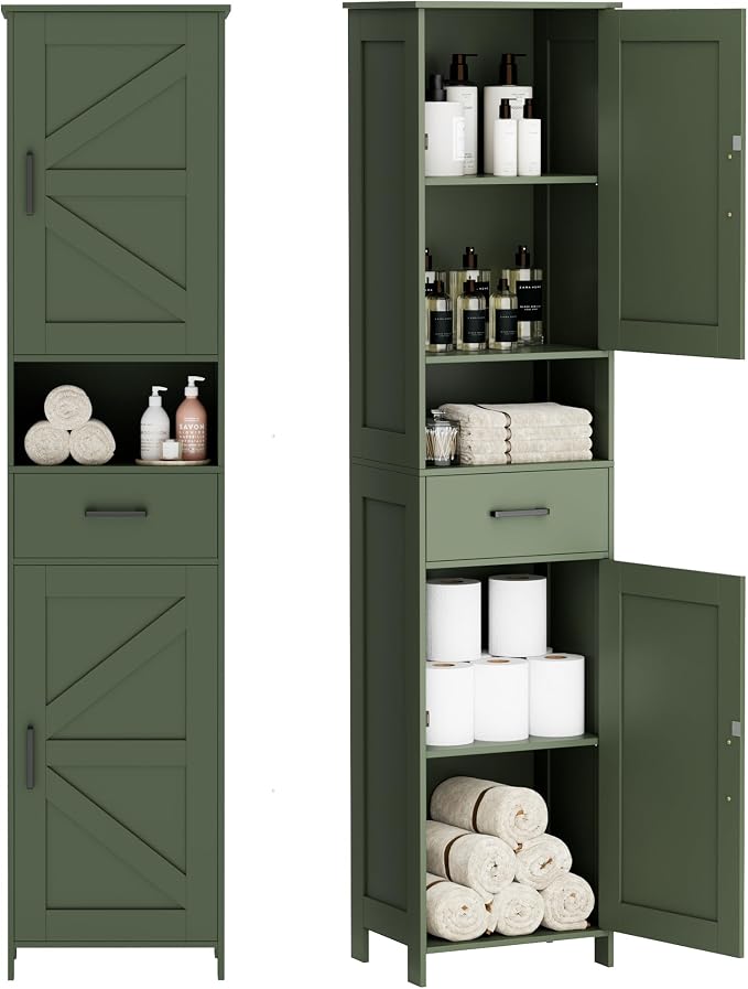 Homhedy 67" H Tall Bathroom Storage Cabinet with Barn Doors and Drawer | Narrow Storage Unit with Adjustable Shelves, Floor Cabinet for Bathroom, Living Room, Entryway or Kitchen, Green, 15.7" W