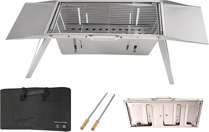 DesignNest Foldable Charcoal Grill - Full Body Stainless Steel Portable BBQ Stand Hibachi with Height Adjustable Grates, 2 Side Trays & Carry Bag 38' Cooking Area For Camping Tailgating & Patios