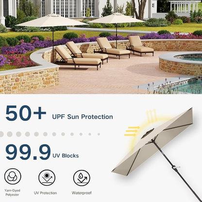 6.5' x 10' Rectangular Patio Umbrella Large Outdoor Market Umbrella w/UV Protection, Push Button Tilt and Crank Lift, Rectangle Table Umbrella for Garden, Deck, Pool, Patio, Beige