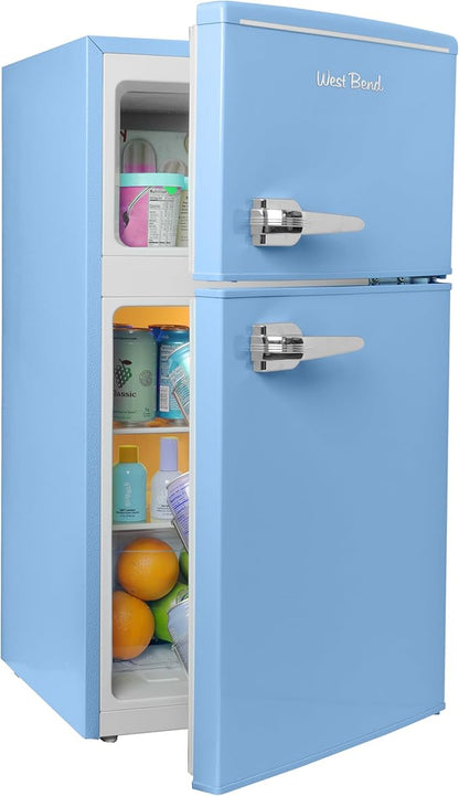 West Bend Mini Fridge with Freezer for Bedroom, Office, Bar or Dorm Room, Retro Compact Refrigerator features Glass Shelves, Manual Defrost and Adjustable Temperature Control, 3.1-Cu.Ft., Blue