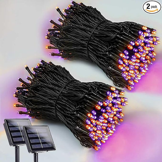 Solar Halloween Lights Outdoor 2 Pack 200 LED String Lights Orange Purple | 8 Lighting Modes, Memory Function, Auto On/Off, 66FT Waterproof Twinkle Lights for Outside Garden Party Tree Horror Decor