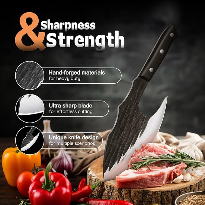 TIJERAS Butcher Knife for Meat Cutting, Heavy Duty Meat Cleaver with Sheath, Hand Forged Bone Chopping Knife with Wood Handle, Japanese Butcher Axe for Cooking Camping, Birthday Gifts for Men Women