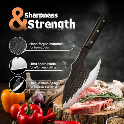 TIJERAS Butcher Knife for Meat Cutting, Heavy Duty Meat Cleaver with Sheath, Hand Forged Bone Chopping Knife with Wood Handle, Japanese Butcher Axe for Cooking Camping, Birthday Gifts for Men Women