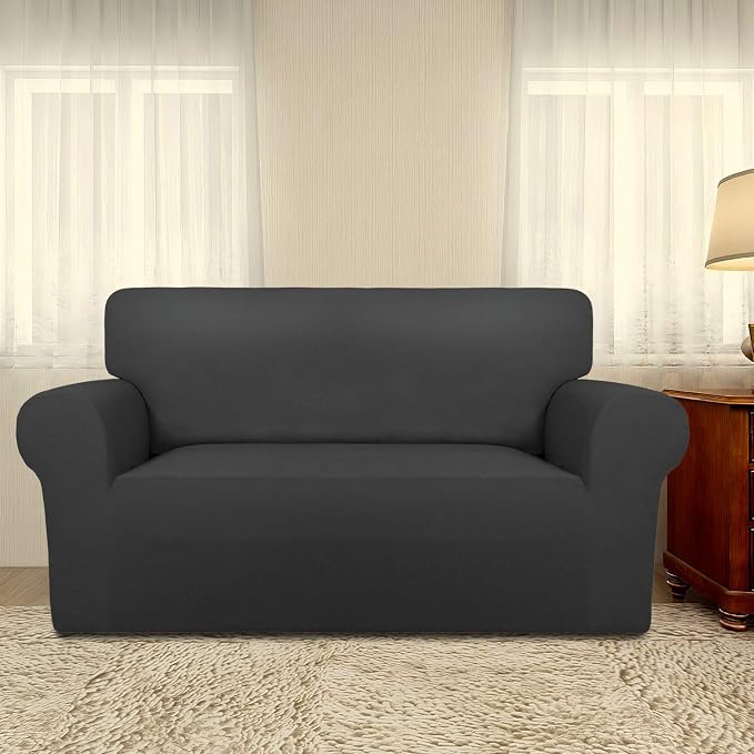 PureFit Stretch Loveseat Covers Fleece Couch Covers for Sofa Dark Gray | 1-Piece Sofa Slipcover Soft Couch Protector, Sofa Cover Washable with Non Skid Foam and Elastic Bottom for Kids, Dogs
