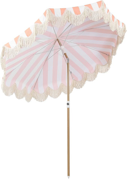 JONATHAN Y Mariner 6.5 ft. Striped Fringe Beach Umbrella, Coral Pink/White | Push-Button Tilt, UV 50 Protection, Matching Carry Bag, Light Brown Wood Finish Iron Pole, Wind Vent, Scalloped Round Canopy