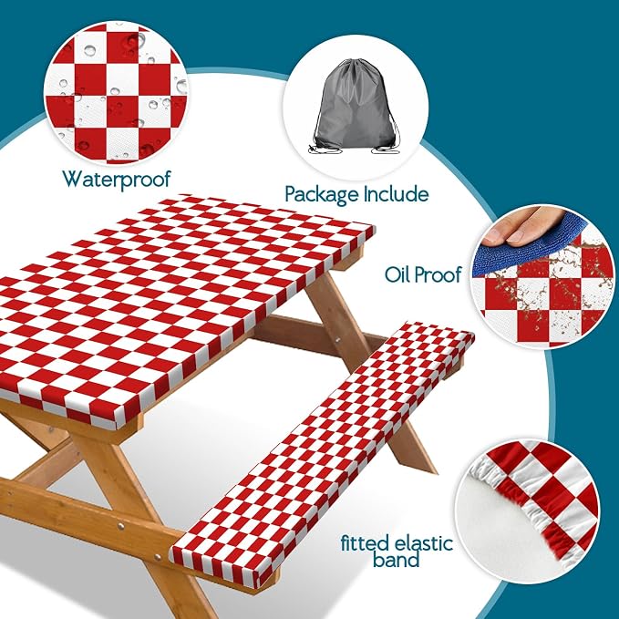 Picnic Table Cover with Bench Covers and Bag, Red and White Checkered Gingham Buffalo Plaid Camping Tablecloth Waterproof Windproof Elastic Edges Fitted Tablecloths for Outdoor Garden 3PCS 30x72 Inch