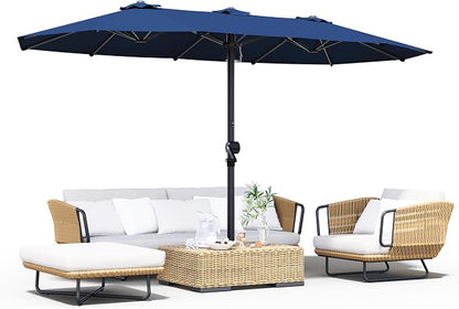 GDPFN 15FT Large Patio Umbrella, Outdoor Deck Standing Umbrella with Crank Handle, Double-Side Rectangular Pool Umbrella for Outside, Market, Patio, Navy Blue (Base Not Include)
