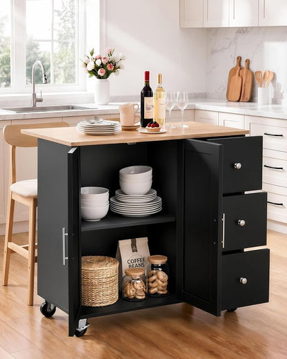 VEVOR Kitchen Island Cart with Storage, 42.4 in Wide Mobile Rolling Storage Island on Swivel Wheels, with 3 Drawers, Storage Cabinet, Drop Leaf, Towel Rack, Table for Home Dining Room, Black