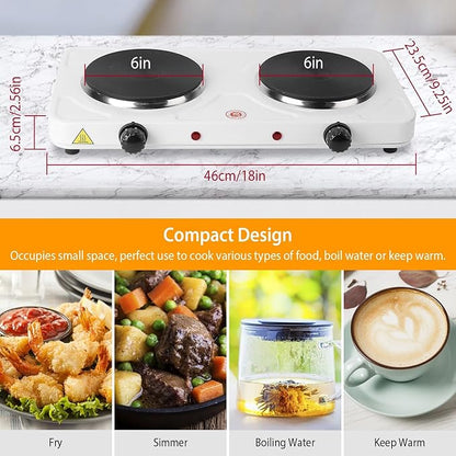 2000W Double Burner Electric, Portable Hot Plate for Cooking, Cooking Stove with 5 Temperature Adjustments, Countertop Burner Cooktop for Kitchen, Dorm (White, 17x8x3")