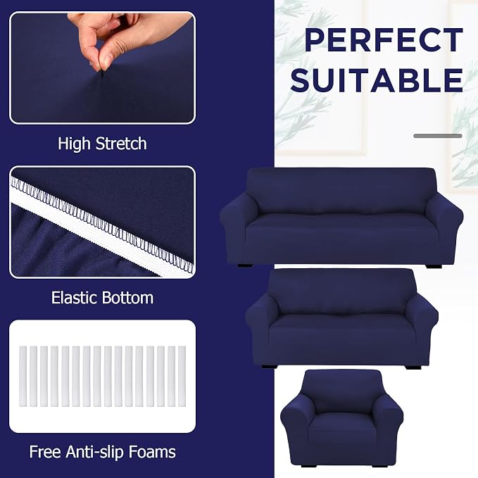 Peryiter 3 Pcs Couch and Loveseat Sofa Covers,Navy Blue,Milk Silk | Armchair Covers for Living Room, Sofa Cushion Slipcover, Furniture Protector, Polyester and Spandex, Washable