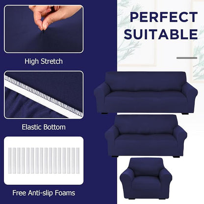 Peryiter 3 Pcs Couch and Loveseat Sofa Covers,Navy Blue,Milk Silk | Armchair Covers for Living Room, Sofa Cushion Slipcover, Furniture Protector, Polyester and Spandex, Washable