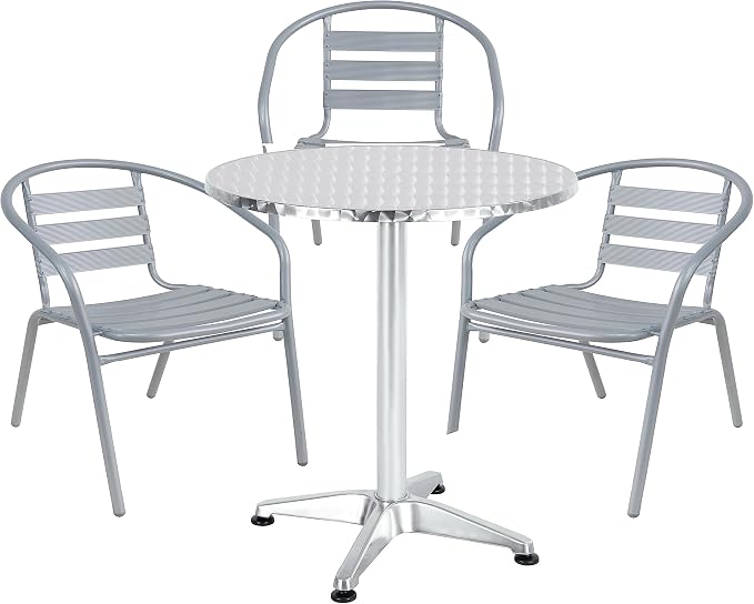 Indoor Outdoor 23.75" Restaurant Stainless Steel Aluminum + 3 Silver Gray Metal Slat Stack Commercial Lightweight, 3 Chairs with a Round Table