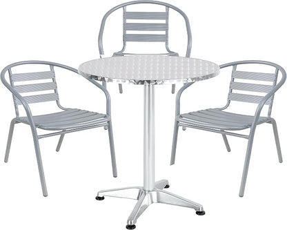 Indoor Outdoor 23.75" Restaurant Stainless Steel Aluminum + 3 Silver Gray Metal Slat Stack Commercial Lightweight, 3 Chairs with a Round Table