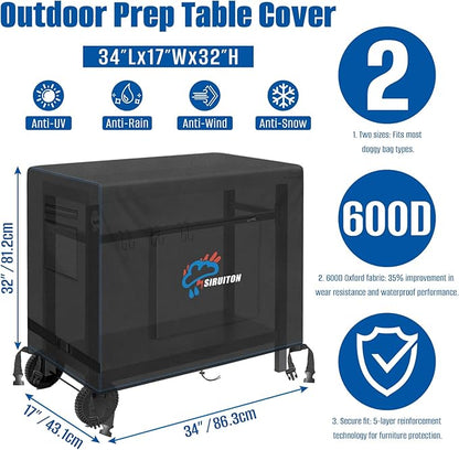SIRUITON Outdoor Bar Cart Cover for 34 Inch Portable Outdoor Table, Heavy Duty 600D Oxford Fabric Outdoor Waterproof BBQ/Worktable Metal Movable Table Cover