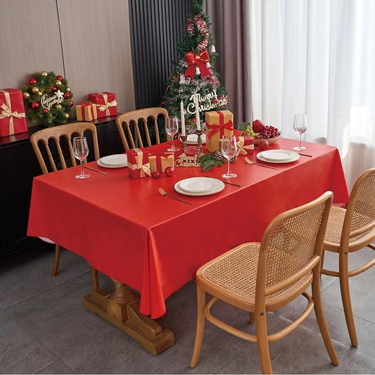 NLMUVW Red Vinyl Tablecloth with Flannel Backing 100% Waterproof Christmas Rectangle PVC Table Cloth Wipe Clean Table Cover for Dining Party Outdoor, 60 X 84 Inch