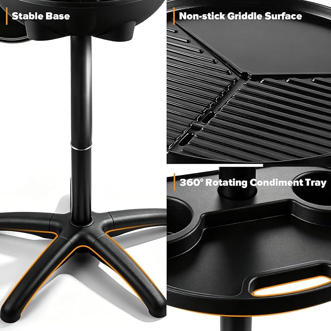 Electric Grill, Techwood 2-in-1 Portable Indoor/Outdoor Grill, 1750W Removable Stand Grill with Nonstick Plate, Electric Griddle for Camping, Patio & Backyard, Stand/Tabletop Options for Cookouts