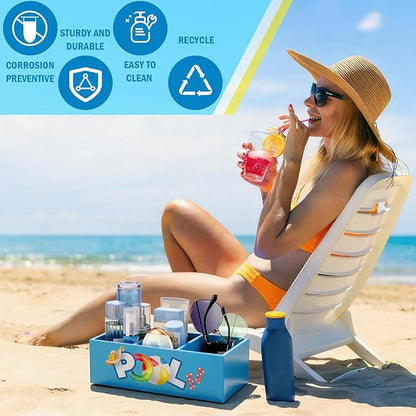 CroBlissful Pool Storage Basket Summer Swimming Pool Wooden Box with 3 Compartments Colorful Toilet Tank Tray for Indoor Outdoor Summer Beach Decor Sunblock Sunglasses Flip Flop Storage Box