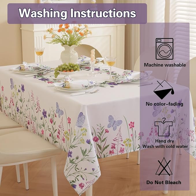 SASTYBALE Spring & Summer Floral Tablecloth 60 x 102 Inch Rectangular | Wildflower & Butterfly Printed, Rectangle Table Cover, Waterproof Spill Proof Wrinkle Free for Dining, Party, Indoor, Outdoor