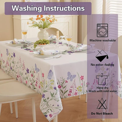 SASTYBALE Spring & Summer Floral Tablecloth 60 x 102 Inch Rectangular | Wildflower & Butterfly Printed, Rectangle Table Cover, Waterproof Spill Proof Wrinkle Free for Dining, Party, Indoor, Outdoor