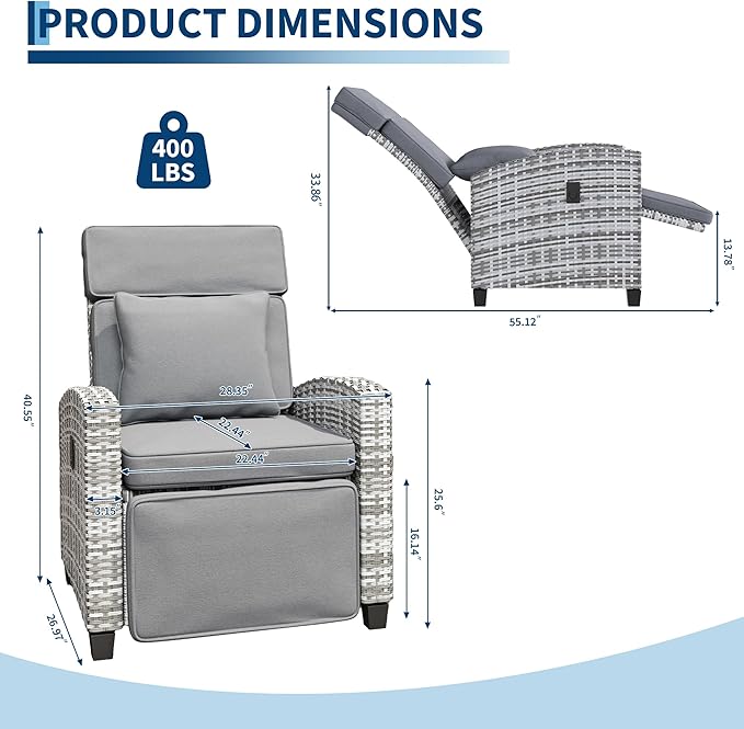 Garvee Outdoor Recliner Chair, Reclining Patio Chairs with 145° Adjustable Backrest & Footrest, Wicker Recliner Chairs with Flip Table and Removable Olefin Cushion for Poolside, Deck, Balcony, Gray