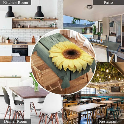 Swono Sunflower Table Cloth Yellow Sunflowers Old Wood Board Rectangle Tablecloth Picnic Table Cover BBQ Table Cloths Polyester for Kitchen Home Coffee Restaurant 50x72 Inch