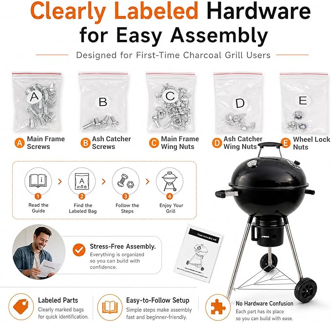 18-Inch Kettle Charcoal Grill with Cover & Wheels | Easy Assembly, Built-in Thermometer, Removable Ash Catcher, Perfect for Backyard BBQ, Patio & Family Cookouts