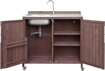 Merax Farmhouse 39.4" Outdoor Grill Cart with Stainless Steel Sink & Back Splash, Wood Rolling BBQ Prep Table w/Storage Cabinet & 4 Lockable Wheels for Patio and Outdoor Cooking,Dark Brown