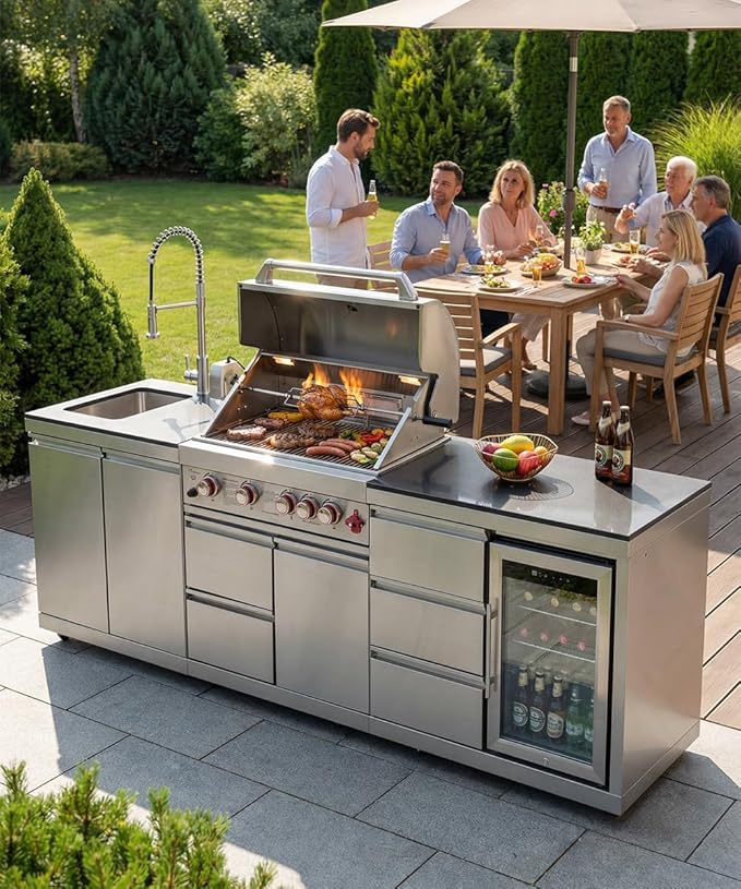 BBQ Outdoor Kitchen Island Grill Barbecue Modular Patio Kitchens Kits with Electric Rotisserie, Sink, fridge, and Burner for More than 10 People