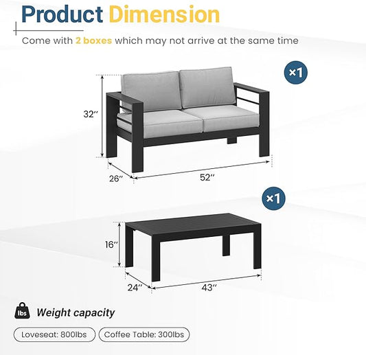Wisteria Lane Metal Patio Furniture Set for All Weather, Oversized Heavy Duty Outdoor Furniture Set with Upgraded Cushion, Modern Outdoor Patio Loveseat Set for Garden, Balcony, Backyard, Light Grey