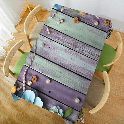 Swono Pearls Table Cloth Old Wooden Flowers Pearls and Lace Rectangle Tablecloth Picnic Table Cover BBQ Table Cloths Polyester for Kitchen Home Camping Patio 50x72 Inch