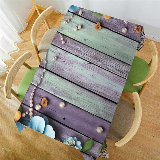 Swono Pearls Table Cloth Old Wooden Flowers Pearls and Lace Rectangle Tablecloth Picnic Table Cover BBQ Table Cloths Polyester for Kitchen Home Camping Patio 50x72 Inch