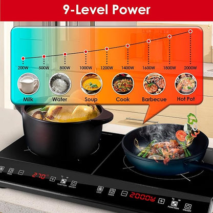 Double Induction Cooktop, 4000W Hot Plate Electric Stove for Countertop Portable 2 Burner Induction Cooktop with 9 Levels Settings, Child Safety Lock & Timer