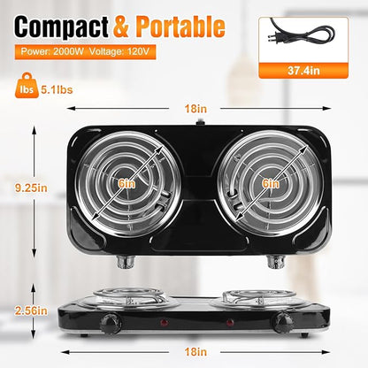 2000W Double Burner Cooktop, Portable Electric Stove, Coil Hot Plate Cooking Stove with 5 Temperature Adjustments, Countertop Burner Cooktop for Camping Home Dorm